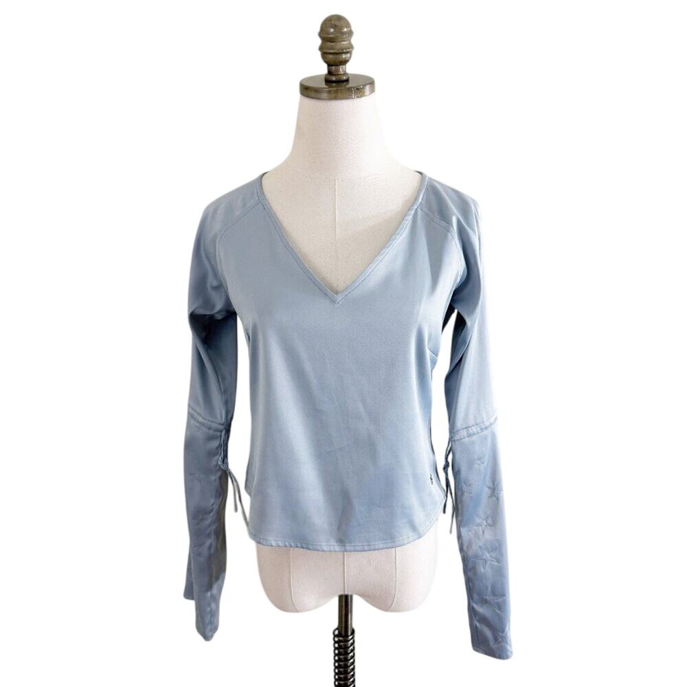 Vintage Y2K Tommy Hilfiger Gray Satin Bell Sleeve Top Size M V-Neck Star Detail